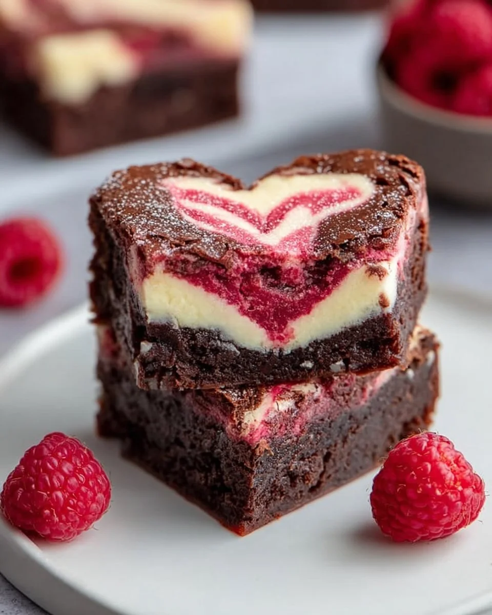 Heart-Shaped Brownies with Cheesecake and Raspberry Swirl
