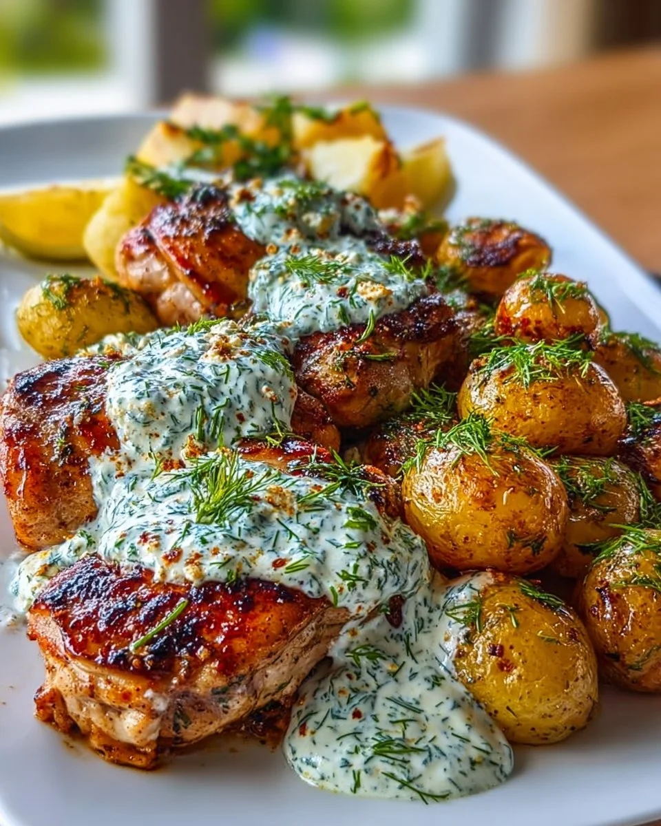Spicy Yogurt Marinated Chicken with Dill Feta Cream & Crispy Baby Potatoes