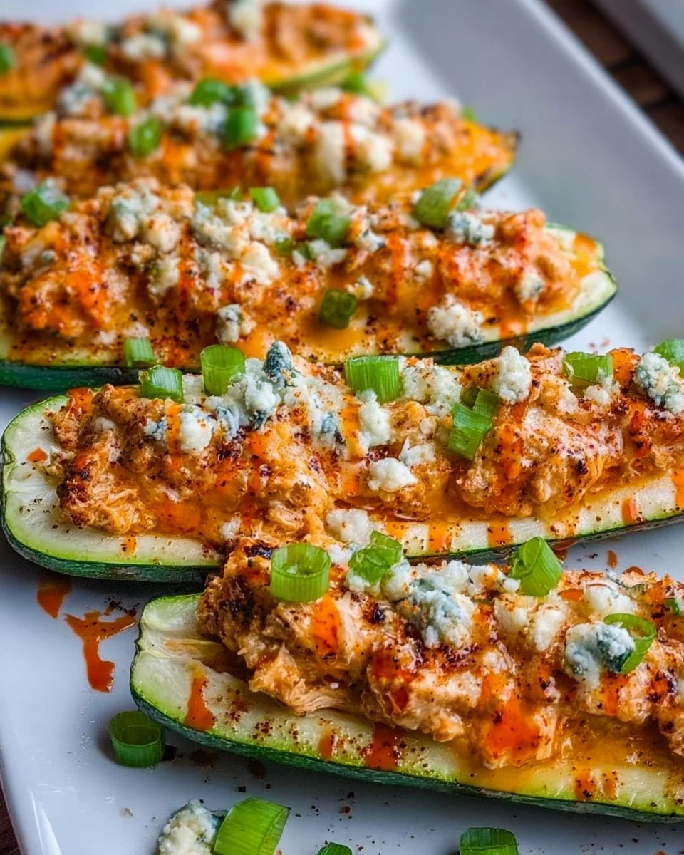 High Protein Buffalo Chicken Stuffed Zucchini Boats