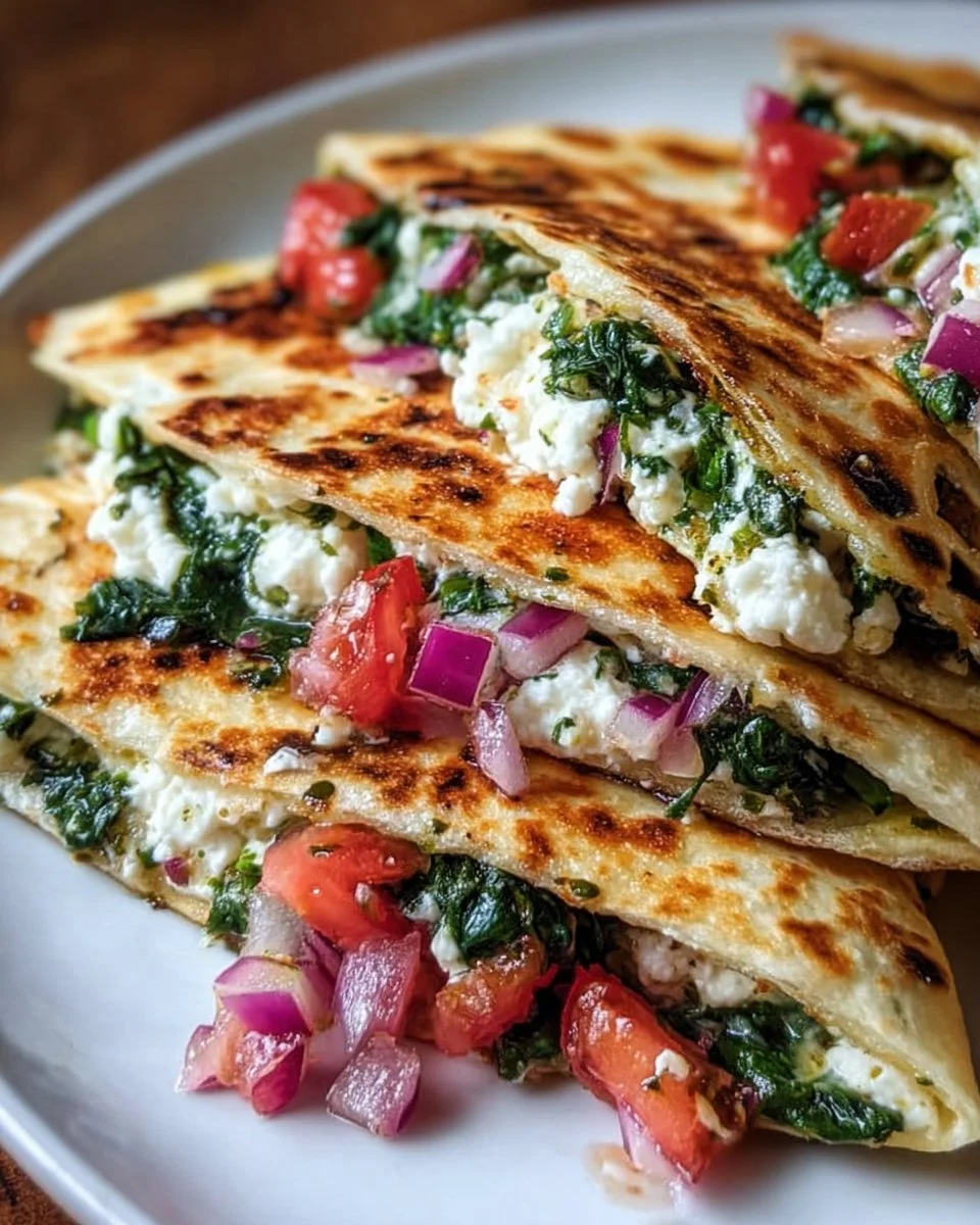 Mediterranean Quesadillas with Spinach, Feta, Mozzarella, and Red Onion