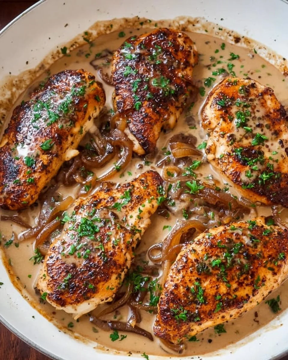 Skillet Chicken in Balsamic Caramelized Onion Cream Sauce