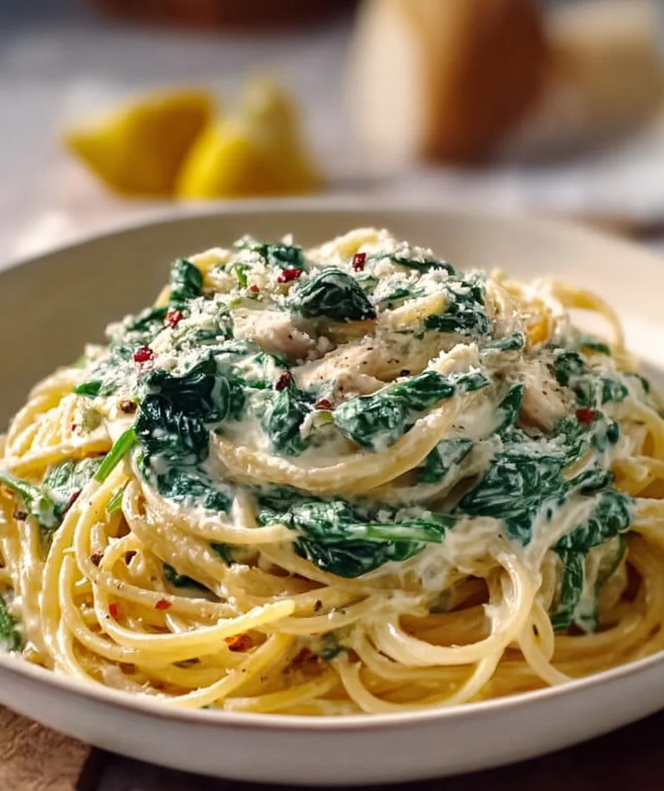 Spaghetti with Spinach Cream Cheese Sauce
