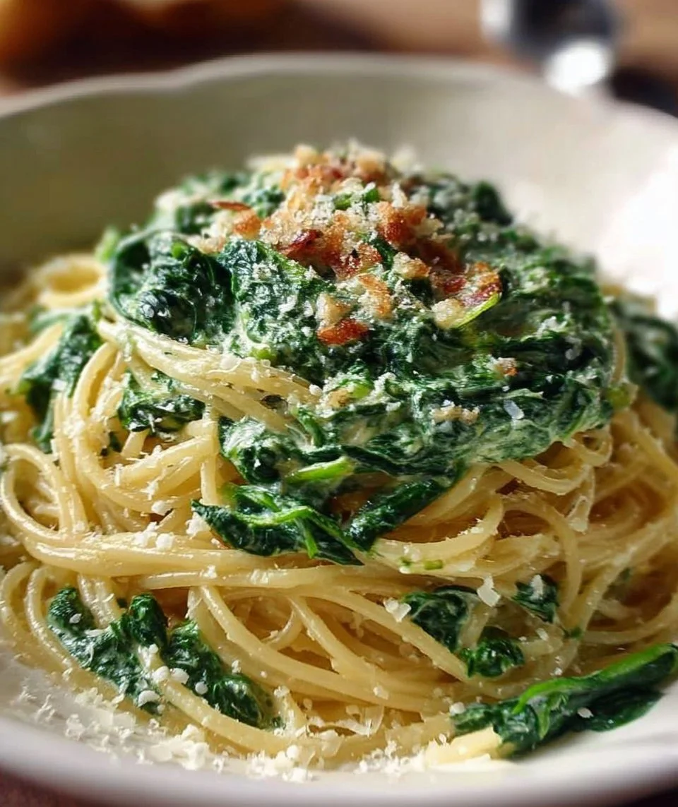 Spaghetti with Spinach Cream Cheese Sauce