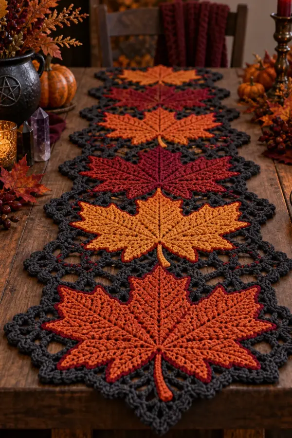 Finished autumn witchy crochet maple leaf table runner displayed with a clean handmade finish