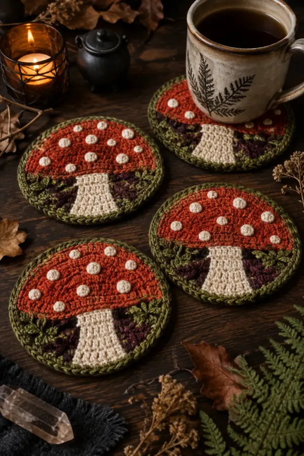 Finished autumn witchy crochet mushroom coaster set displayed with a clean handmade finish