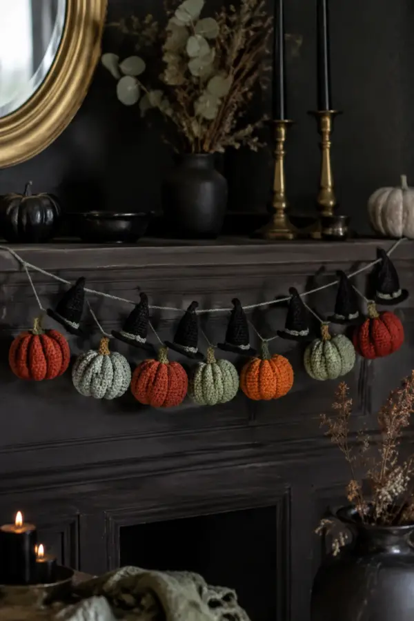 Finished autumn witchy crochet pumpkin garland displayed with a clean handmade finish