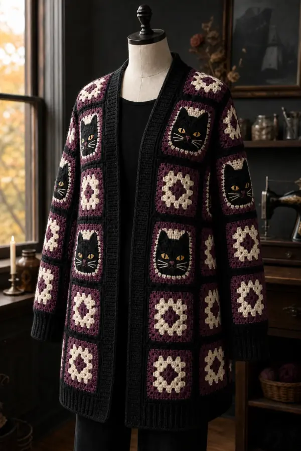 Finished black cat granny square crochet cardigan outfit styled with a black skirt and boots in moody natural light