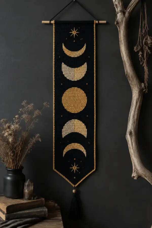 Finished celestial crochet moon phase wall hanging displayed with a clean handmade finish