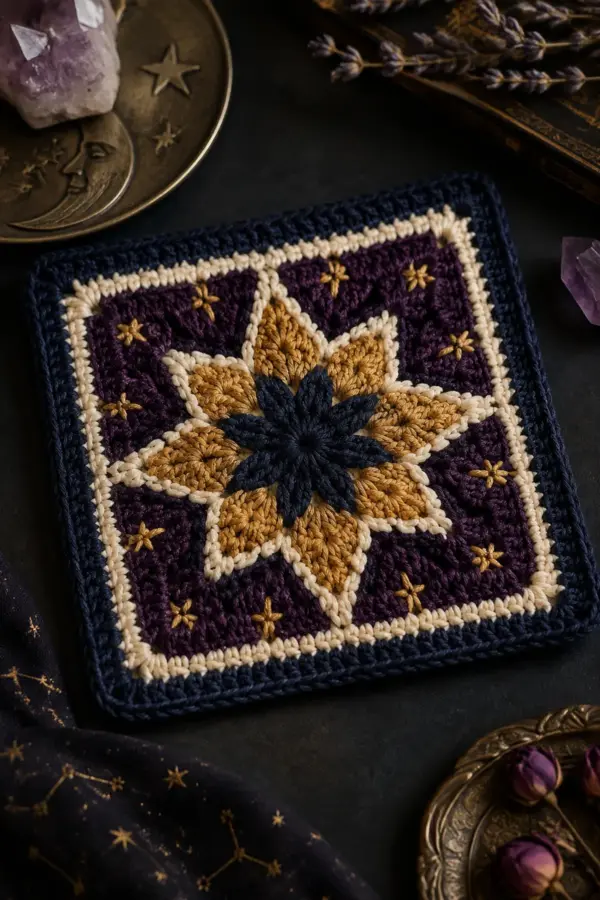 Finished celestial crochet star granny square displayed with a clean handmade finish