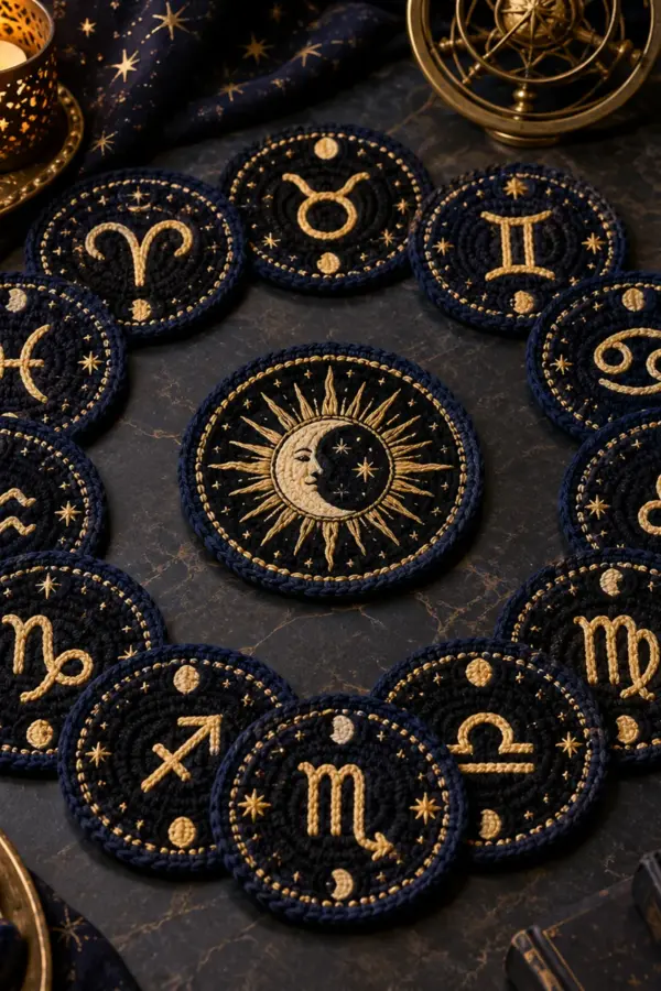 Finished celestial crochet zodiac coaster set displayed with a clean handmade finish