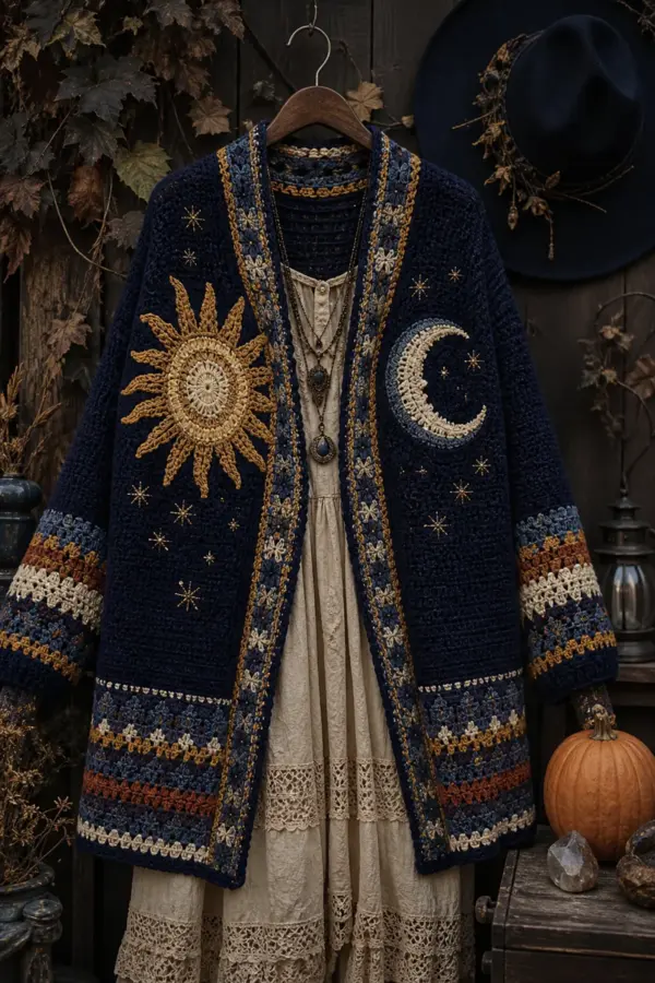 Finished celestial sun and moon crochet cardigan outfit styled as a complete witchy autumn outfit in midnight navy, antique gold, warm cream, rust, and dusk blue