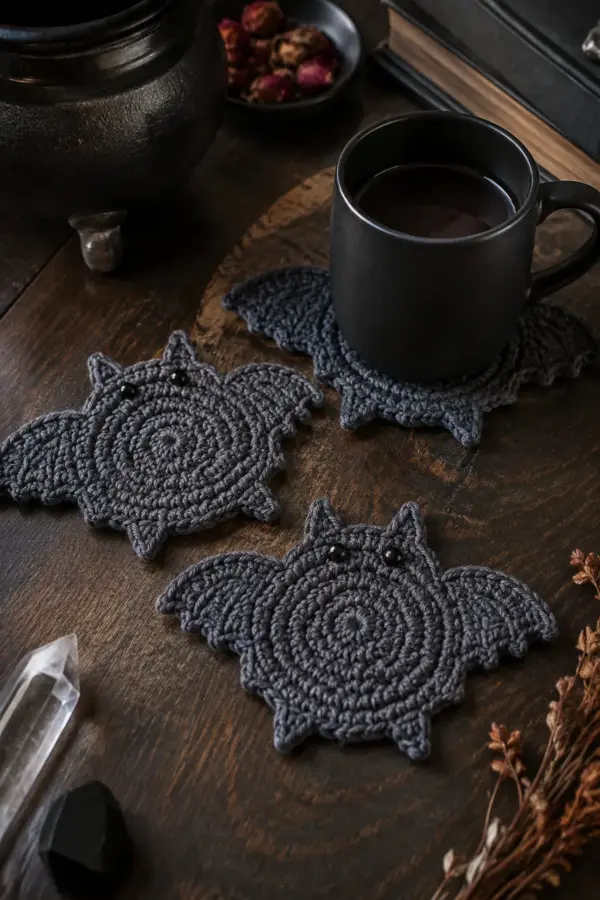 Finished easy crochet bat coaster set displayed with a clean handmade finish