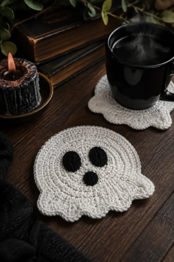 Finished easy crochet ghost coaster for beginners displayed with a clean handmade finish