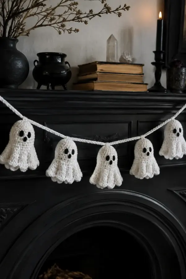 Finished easy crochet ghost garland displayed with a clean handmade finish