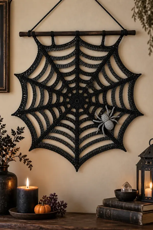Finished easy crochet spiderweb wall hanging displayed with a clean handmade finish