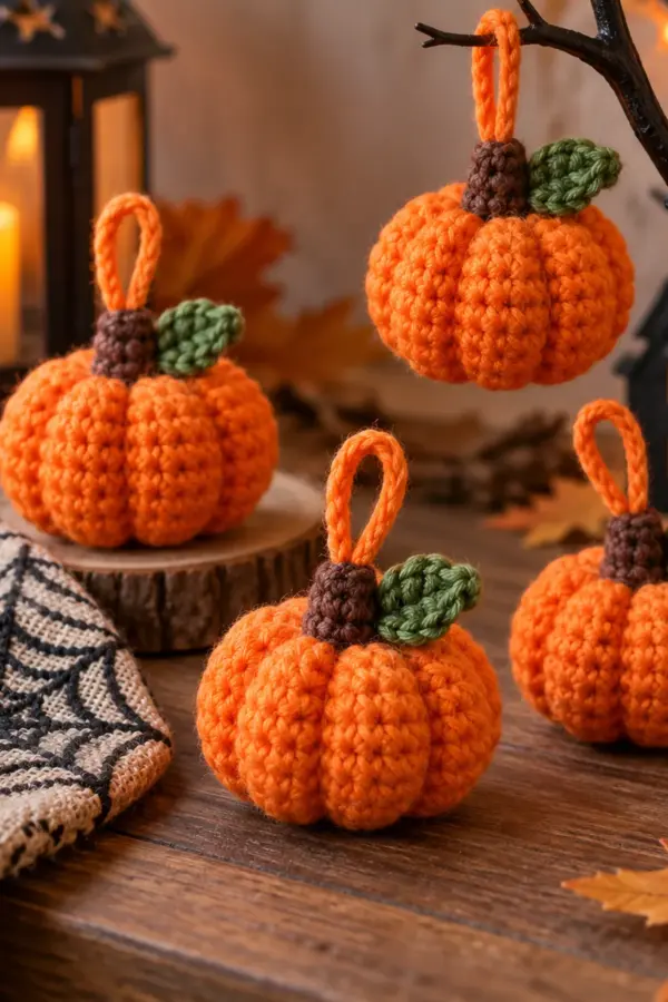 Finished easy crochet tiny pumpkin ornament for beginners displayed with a clean handmade finish