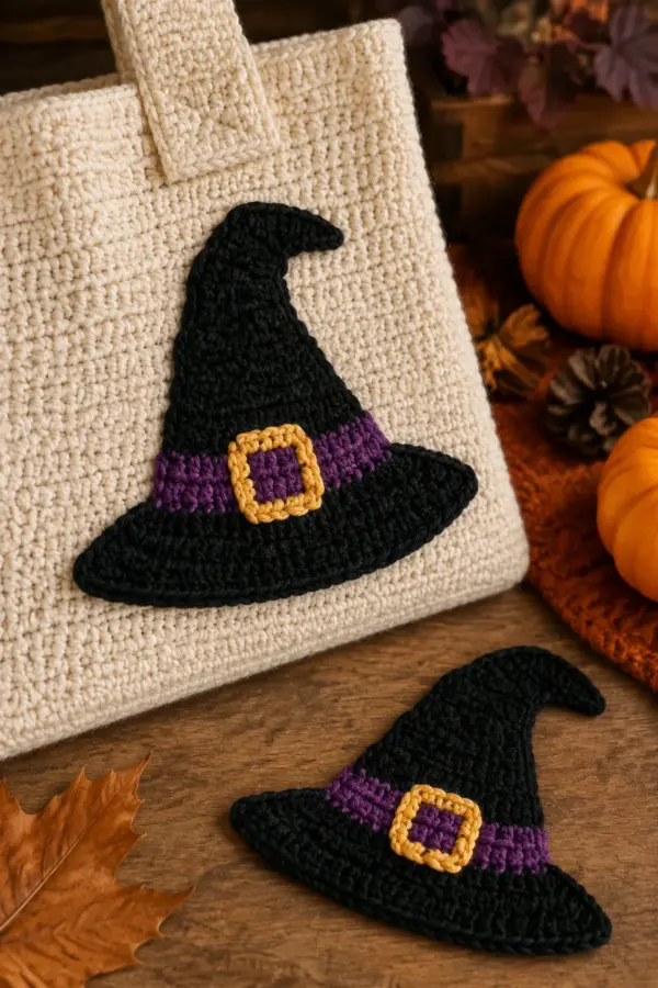 Finished easy crochet witch hat applique for beginners displayed with a clean handmade finish
