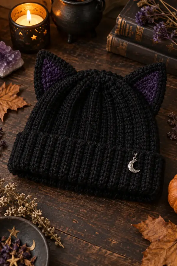 Finished easy witchy crochet black cat ear beanie displayed with a clean handmade finish