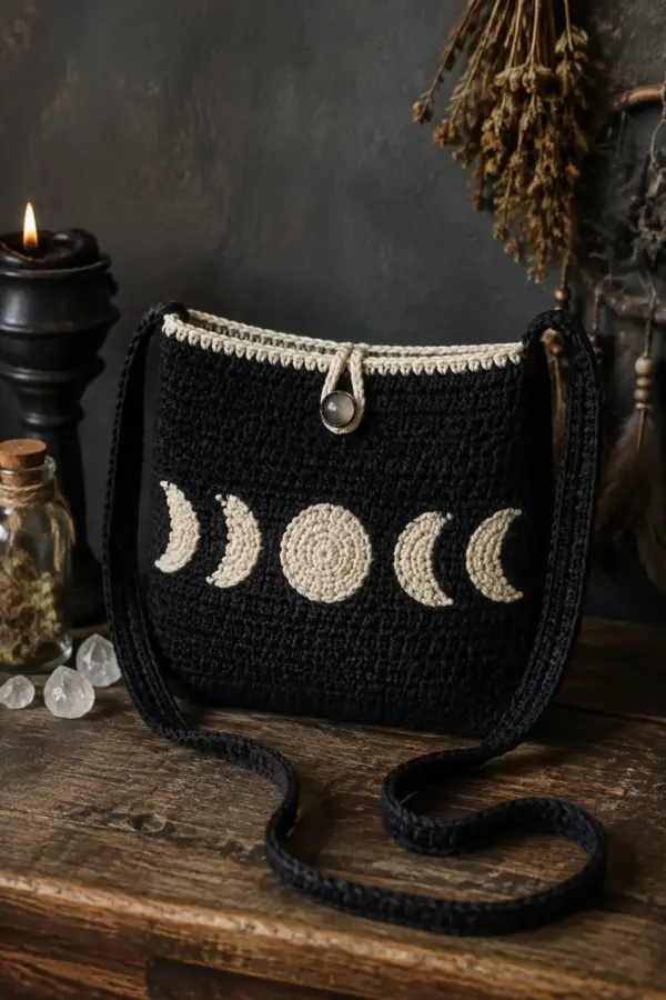 Finished easy witchy crochet moon phase crossbody bag displayed with a clean handmade finish