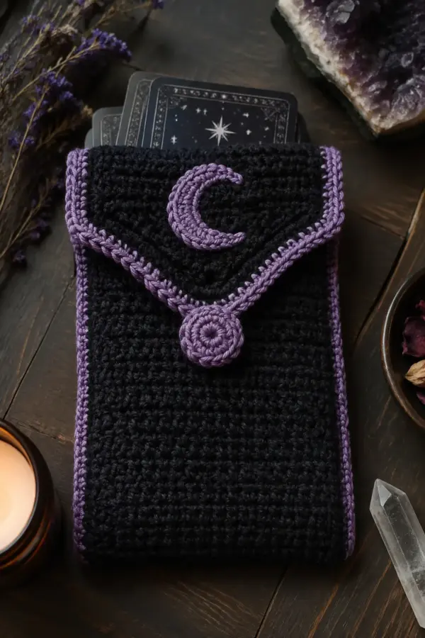 Finished easy witchy crochet tarot card pouch displayed with a clean handmade finish