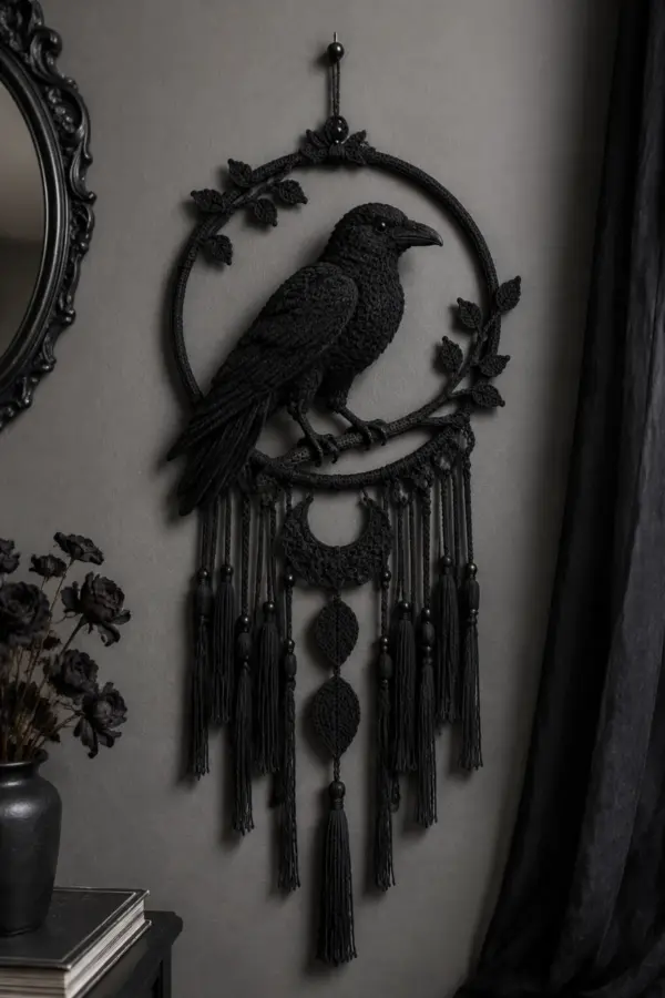 Finished gothic crochet raven wall hanging displayed with a clean handmade finish