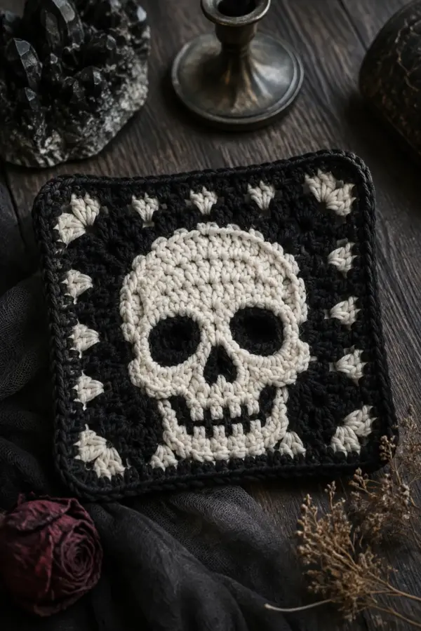 Finished gothic crochet skull granny square displayed with a clean handmade finish