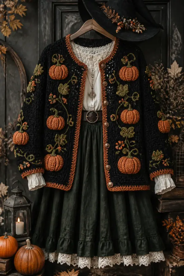 Finished halloween pumpkin crochet cardigan outfit styled as a complete witchy autumn outfit in deep black, pumpkin orange, warm cream, olive, and a touch of copper
