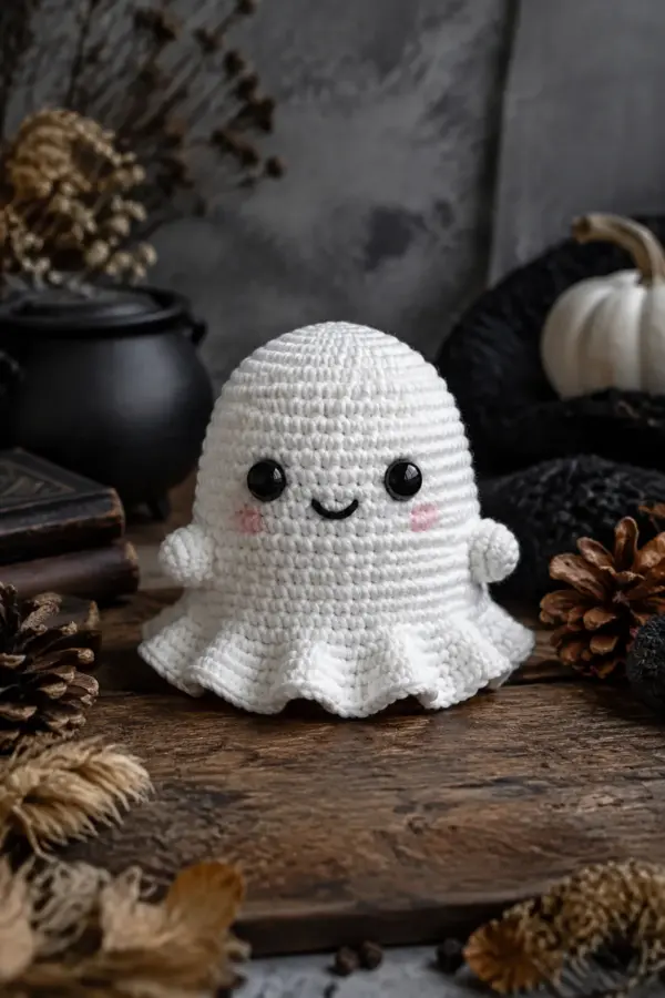 Finished mini crochet friendly ghost amigurumi displayed with a clean handmade finish