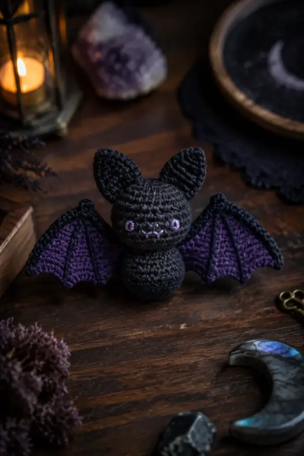 Finished mini crochet midnight bat amigurumi displayed with a clean handmade finish