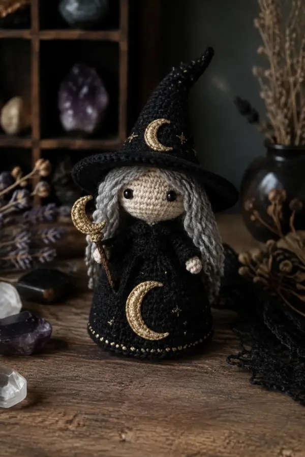 Finished mini crochet moon witch amigurumi displayed with a clean handmade finish