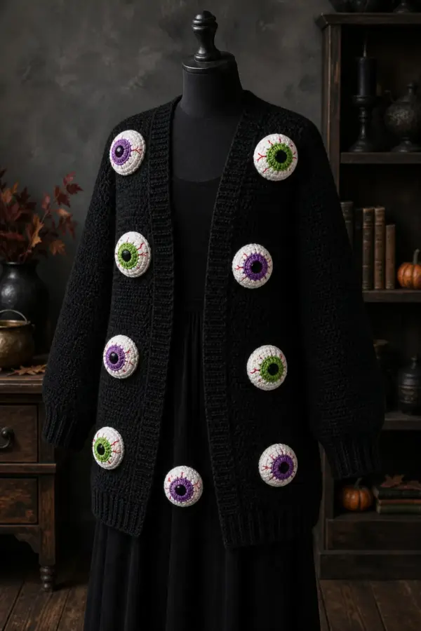 Finished spooky eyeball crochet cardigan outfit for halloween styled as a complete witchy autumn outfit in matte black, bone white, poisonous green, violet, and a small amount of red