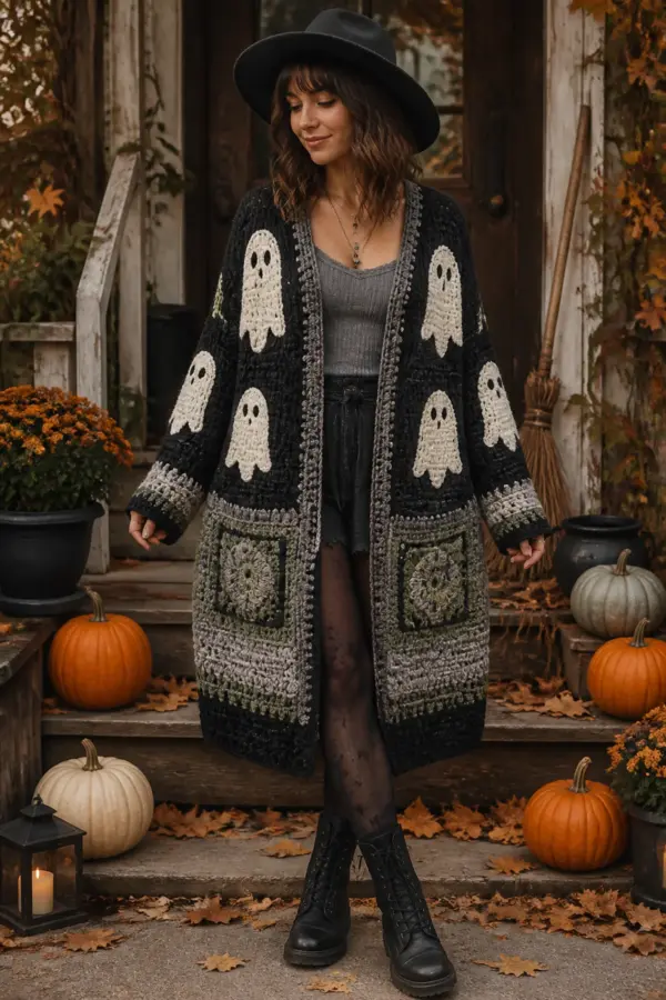 Finished spooky ghost crochet cardigan outfit for fall styled as a complete witchy autumn outfit in soft ivory, misty gray, charcoal, and a muted sage accent