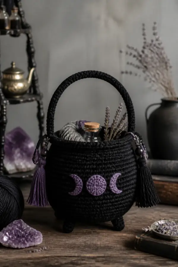 Finished witchy crochet cauldron basket displayed with a clean handmade finish