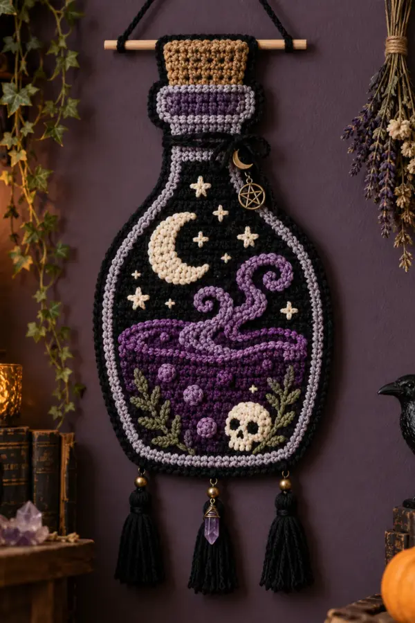 Finished witchy crochet potion bottle wall hanging displayed with a clean handmade finish