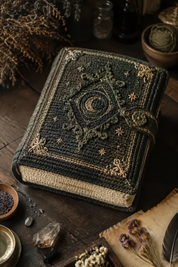 Finished witchy crochet spellbook pillow displayed with a clean handmade finish