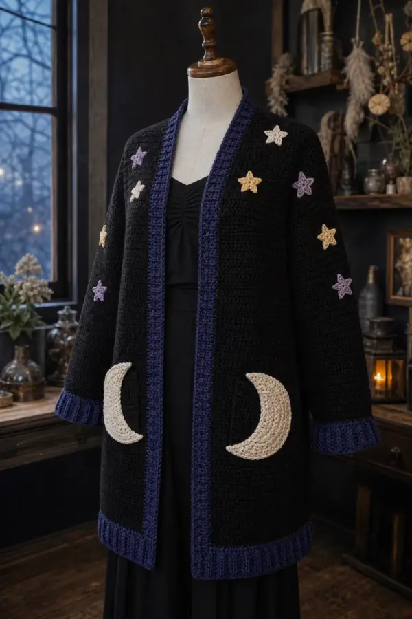 Finished witchy moon and stars crochet cardigan outfit styled as a complete witchy autumn outfit in midnight black, deep indigo, moonlit cream, muted gold, and dusty lavender