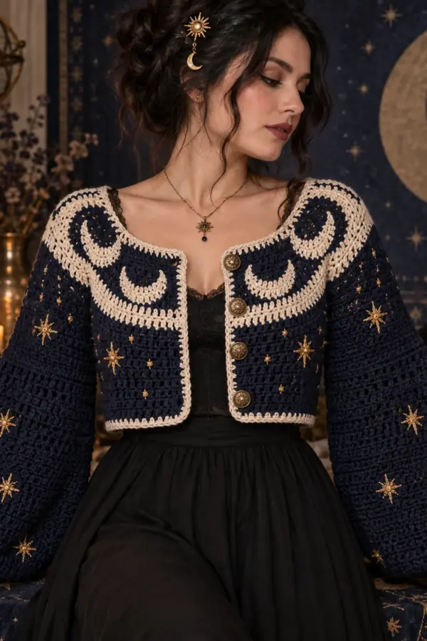 Finished women's celestial crochet cropped cardigan styled as a complete witchy autumn outfit in midnight navy, black, antique gold, moonlit cream, and indigo