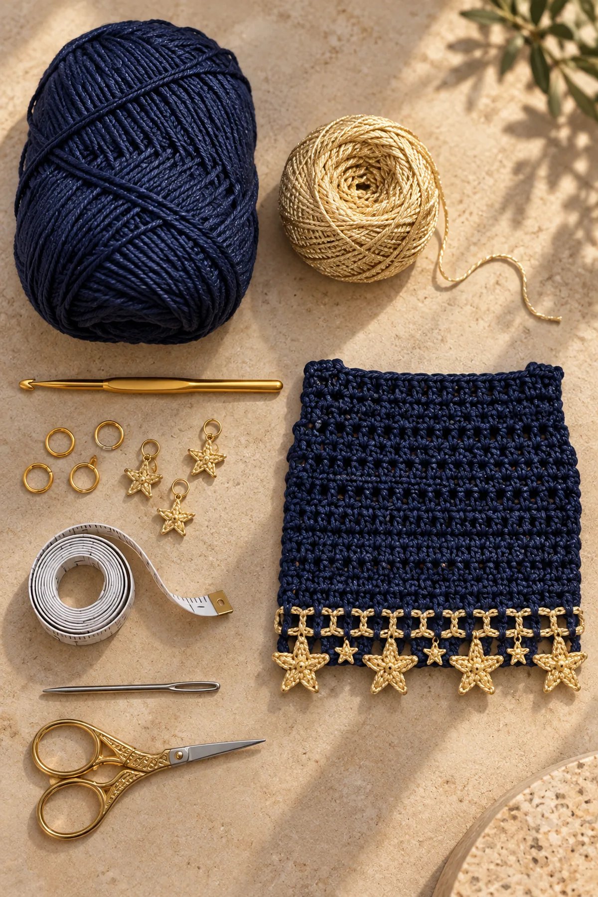 Yarn, hook, stitch markers, tape measure, needle and scissors arranged for women's celestial crochet starfall halter top