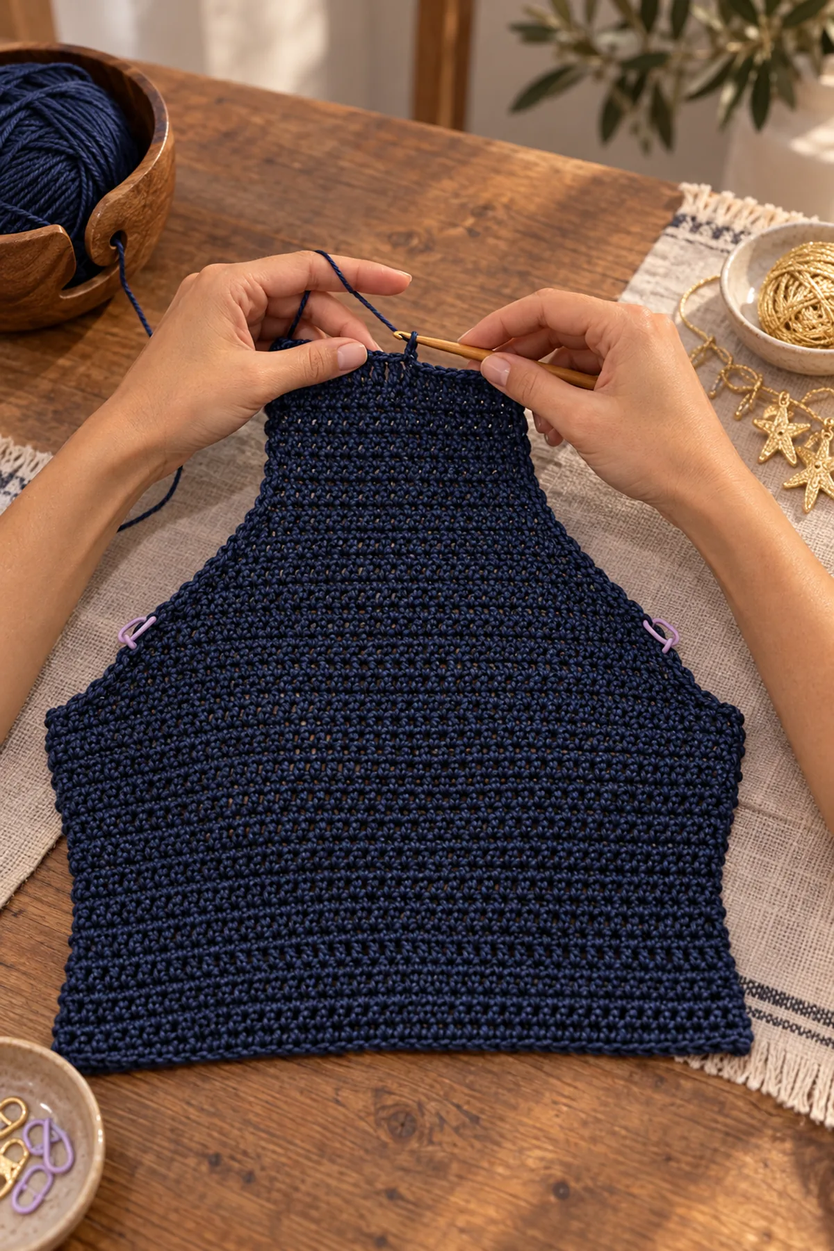 Early construction of women's celestial crochet starfall halter top with counted crochet rows and removable stitch markers