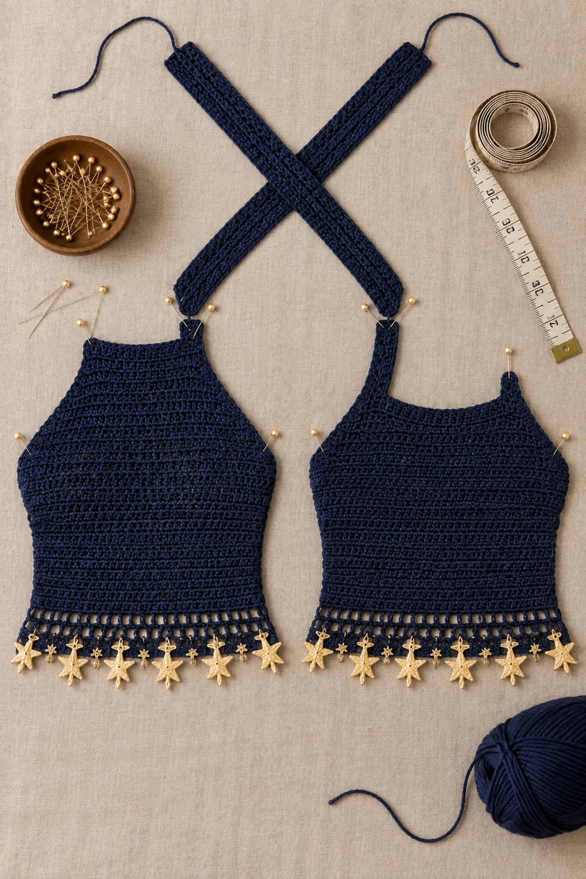 Mid-construction assembly for women's celestial crochet starfall halter top showing matching garment panels and measured joins