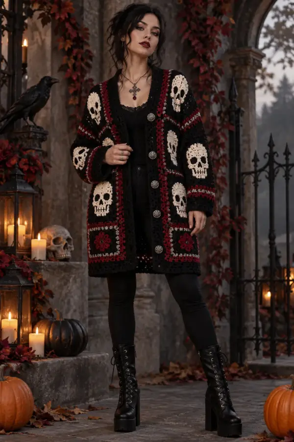 Finished women's crochet skull motif cardigan styled as a complete witchy autumn outfit in matte black, bone white, smoke gray, crimson, and antique silver