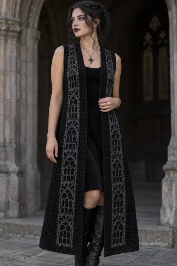Finished women's gothic crochet cathedral mesh duster vest shown full length on an adult woman in a moody editorial crochet fashion setting