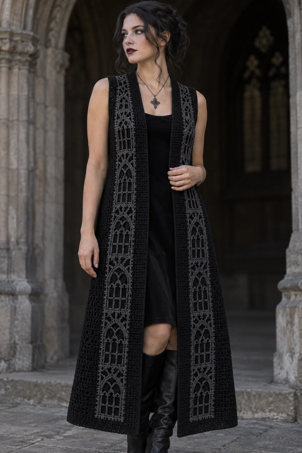 Finished women's gothic crochet cathedral mesh duster vest shown full length on an adult woman in a moody editorial crochet fashion setting