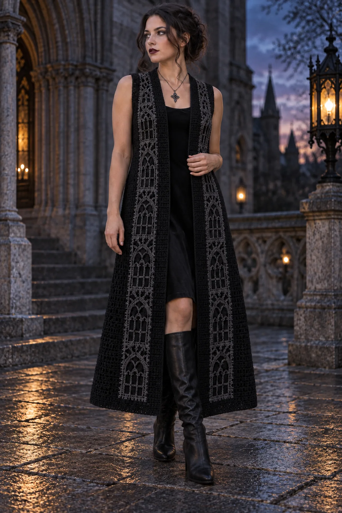 Finished women's gothic crochet cathedral mesh duster vest worn as a long, sleeveless black duster vest with narrow vertical cathedral-mesh panels and a clean open front in a complete witchy fashion look