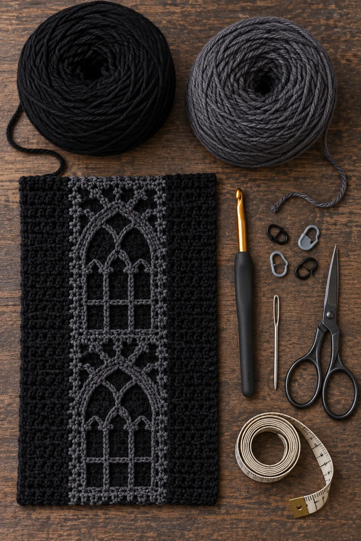 Yarn, hook, stitch markers, tape measure, needle and scissors arranged for women's gothic crochet cathedral mesh duster vest