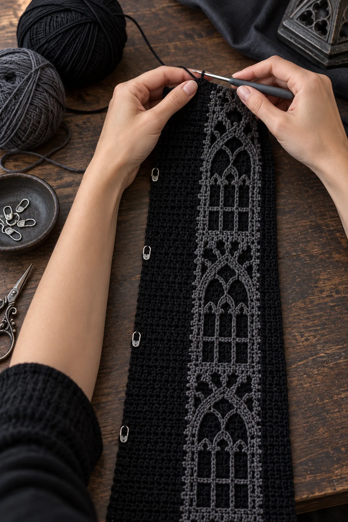 Early construction of women's gothic crochet cathedral mesh duster vest with counted crochet rows and removable stitch markers