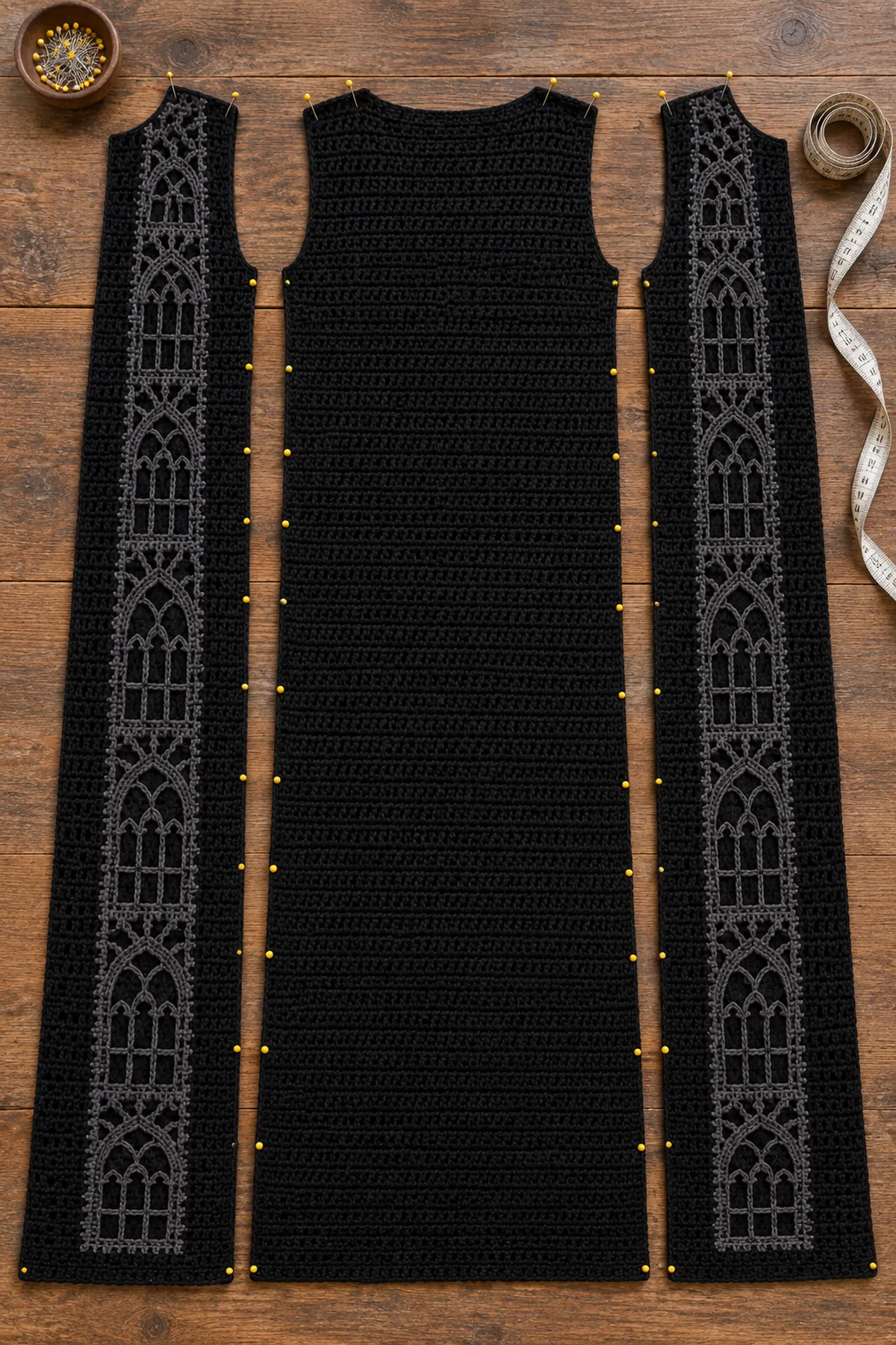 Mid-construction assembly for women's gothic crochet cathedral mesh duster vest showing matching garment panels and measured joins