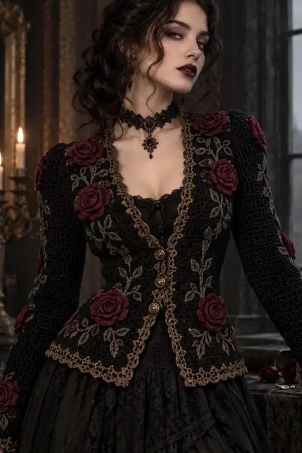 Finished women's gothic crochet victorian rose cardigan styled as a complete witchy autumn outfit in matte black, burgundy, dusty rose, antique gold, and charcoal