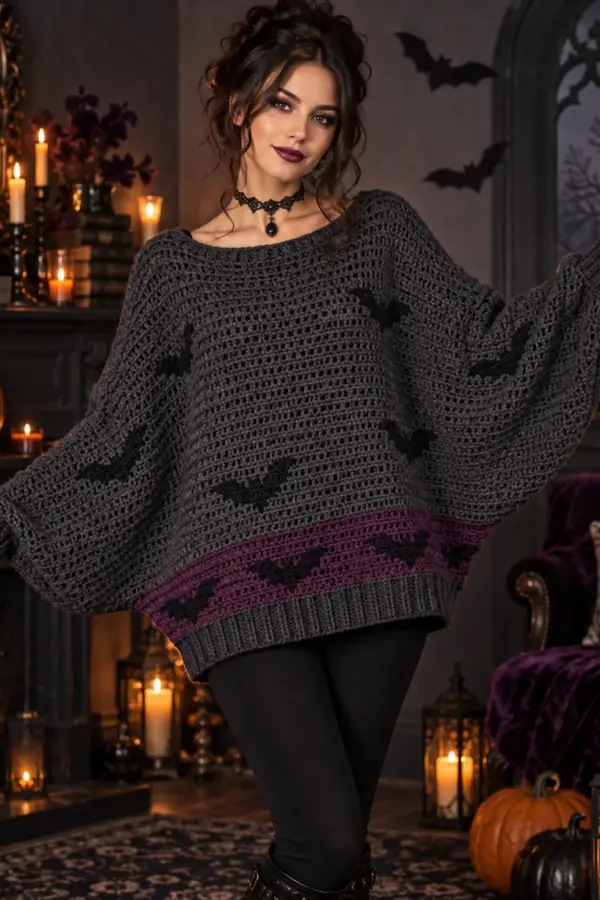 Finished women's halloween crochet batwing sweater outfit displayed with a clean handmade finish