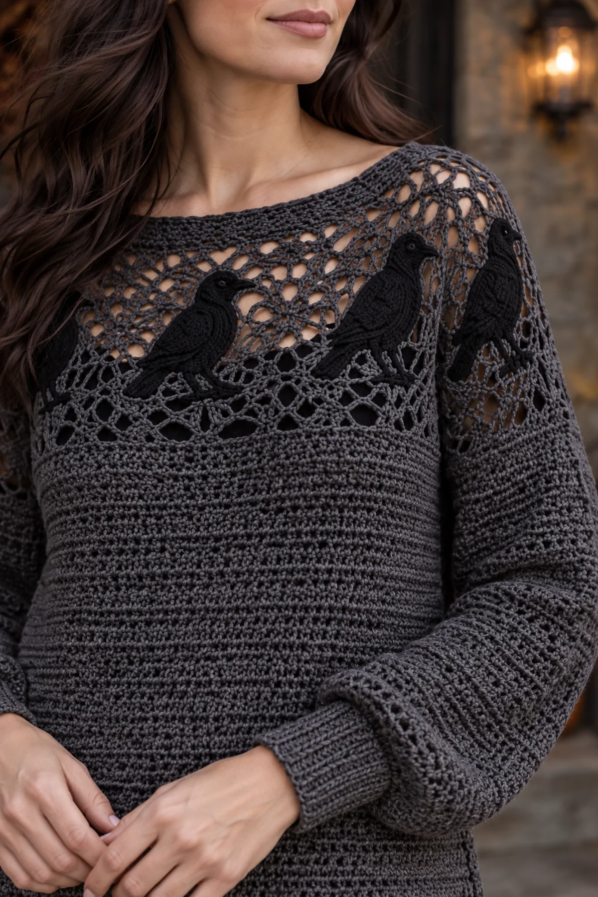 Close-up crochet texture and themed detail for women's halloween crochet raven lace tunic